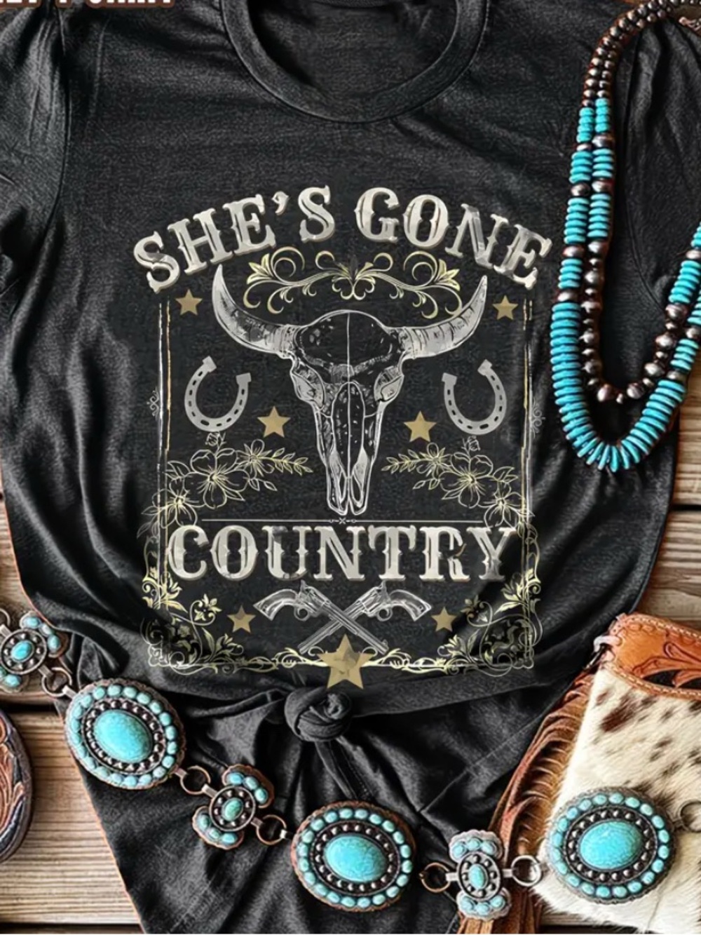 WESTERN Black Graphic Gone Country Tee Shirt - Picture 3 of 6